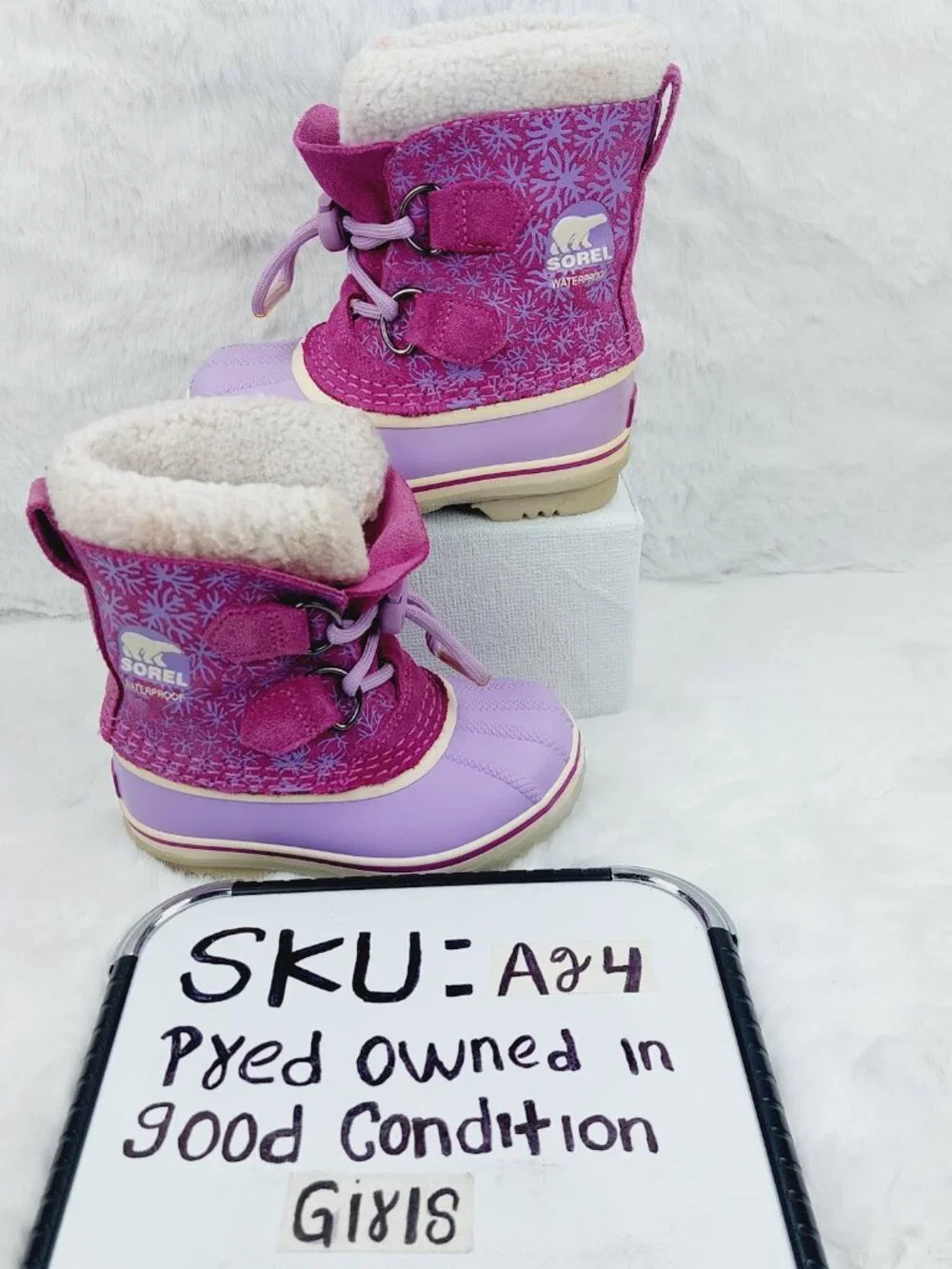 Sorel Girl's Pink Purple Youth Waterproof Ankle Faux Fur Winter Snow Boots Sz 9